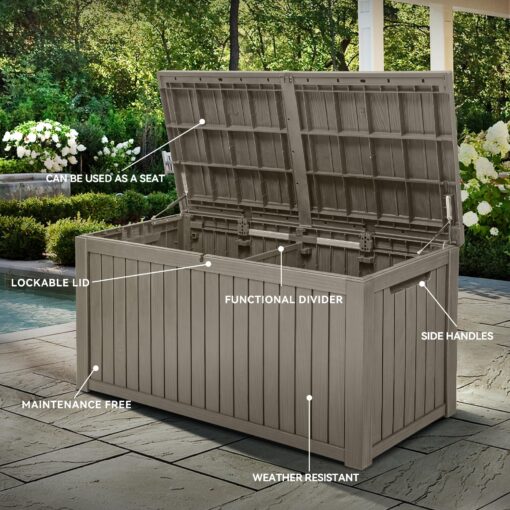 YITAHOME 180 Gallon XL Outdoor Storage Deck Box with Divider, Waterproof & Lockable, Ideal for Patio Furniture and Garden Tools, Resin-Built, Wood-Like Texture, Brown - Image 5