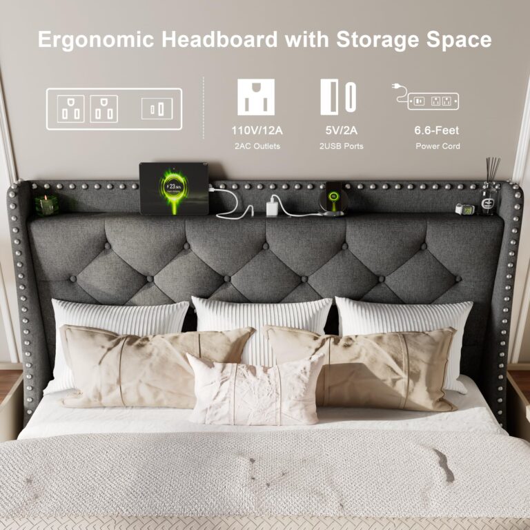 Feonase Full Size Bed Frame with Luxury Wingback and Fast Charging Station,Full Upholstered Button Tufted Storage Headboard Platform Bed,Sturdy Wooden Slats Support,Noise-Free, Easy Assembly,Dark Gray - Image 6