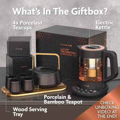 Vianté Luxury Tea Set. Electric Kettle with Tea Infuser for Loose Leaf Tea And Ceramic Serving Set. Tea Pot And Cups Set With Wooden Tray. Excellent Gift Idea For Tea Lovers. - Image 8