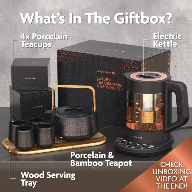 Vianté Luxury Tea Set. Electric Kettle with Tea Infuser for Loose Leaf Tea And Ceramic Serving Set. Tea Pot And Cups Set With Wooden Tray. Excellent Gift Idea For Tea Lovers. - Image 8
