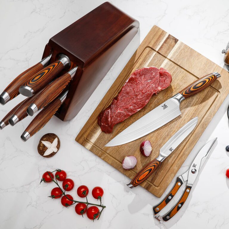 MSY BIGSUNNY 9pcs Knife Block Set, German Steel Kitchen Knife Set with Bone Chopper, Precious Pakkawood Handle for Chef Knife Block Set - Image 6