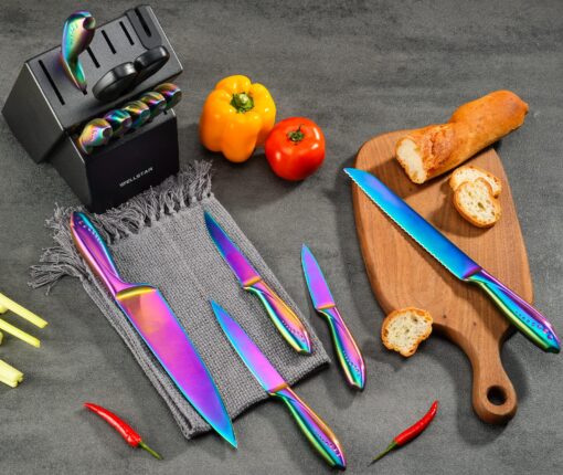 WELLSTAR Rainbow Knife Set 14 Pieces, Iridescent German Stainless Steel Kitchen Knives Set with Wooden Block, Colorful Titanium Coating, Chef’s Knife Block Set with Scissors and Built-in Sharpener - Image 4