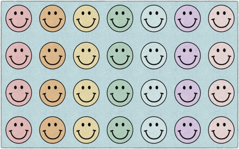 Flagship Carpets Schoolgirl Style Pastel Rainbow Smileys Criss-Cross Applesauce Educational Area Rug for Kids Room, Children's Classroom for Teaching and Playroom, 7'6" x 12', Multi, Seats 28