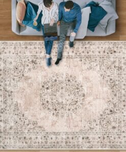 Area Rug 8x10 Vintage Rug: Large Washable Indoor Medallion Rug Low Pile Distressed Floor Carpet Retro Accent Rug for Living Room Bedroom Kitchen Dining Table Home Office(Distressed Brown, 8'x10')