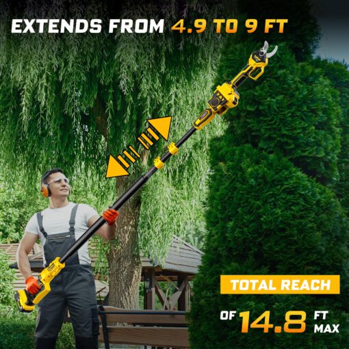 2-IN-1 Electric Pole Pruning Shears Cordless Compatibility with DEWALT 20V MAX Battery, 1.6" Cutting Diameter Pruner, 14.8 FT MAX Extension Pole Saws for Tree Trimming, LCD Display(NO Battery) - Image 3