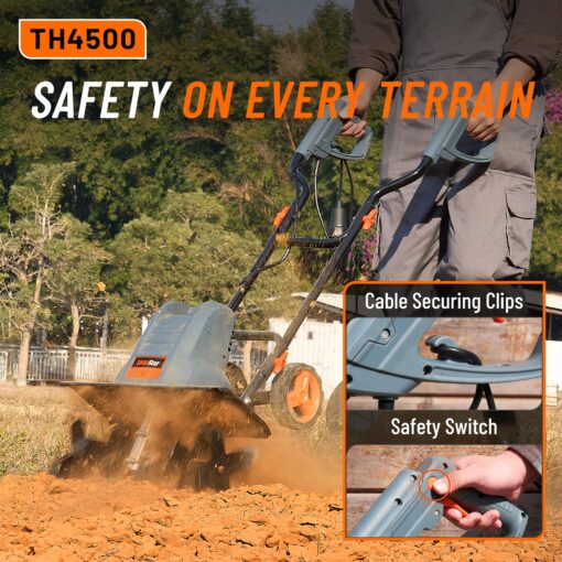 Electric Tiller for Gardening 380 RPM Rototiller 18 Inch Cultivator 13.5Amp TaskStar TH4500 Corded Tiller,9 Inch Deep Soil Tiller Heavy-Duty Blades*6,Variable Three-Position Wheels for Smooth Workflow - Image 4