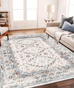 CHAMPLANT Washable Area Rug 8x10 Retro Flowers Boho Design Non-Shedding Easy Care Ideal for High Traffic Areas in Living Room Bedroom Office Coffee Table Kitchen Large Carpet