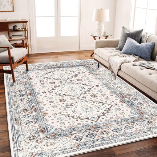 CHAMPLANT Washable Area Rug 8x10 Retro Flowers Boho Design Non-Shedding Easy Care Ideal for High Traffic Areas in Living Room Bedroom Office Coffee Table Kitchen Large Carpet