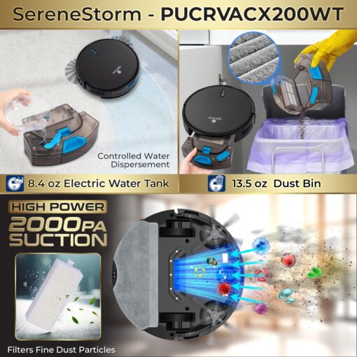 Smart Robot Vacuum and Mop Combo, 2000Pa Suction, App Control, 4 Cleaning Modes, Anti-Fall Sensors, Multi-Surface Cleaning, Self-Charging, Ideal for Pet Hair, Soft and Hard Floors, Black - Image 2