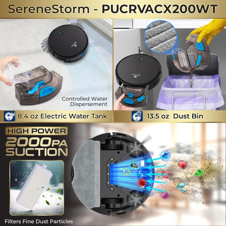 Smart Robot Vacuum and Mop Combo, 2000Pa Suction, App Control, 4 Cleaning Modes, Anti-Fall Sensors, Multi-Surface Cleaning, Self-Charging, Ideal for Pet Hair, Soft and Hard Floors, Black - Image 2
