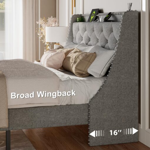 Feonase Full Size Bed Frame with Luxury Wingback and Fast Charging Station,Full Upholstered Button Tufted Storage Headboard Platform Bed,Sturdy Wooden Slats Support,Noise-Free,Easy Assembly,Light Gray - Image 4
