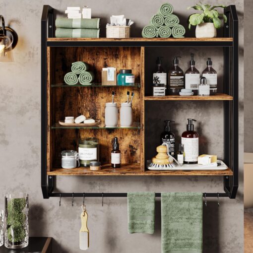 Bestier LED Kitchen Floating Shelves, 34" Industrial Pipe Shelves with Adjustable Glass Shelves, Wall Mounted Shelf with 6 S-Hook Towel Bar, Wine Coffee Bar Rack for Room Decor Rustic Brown - Image 4