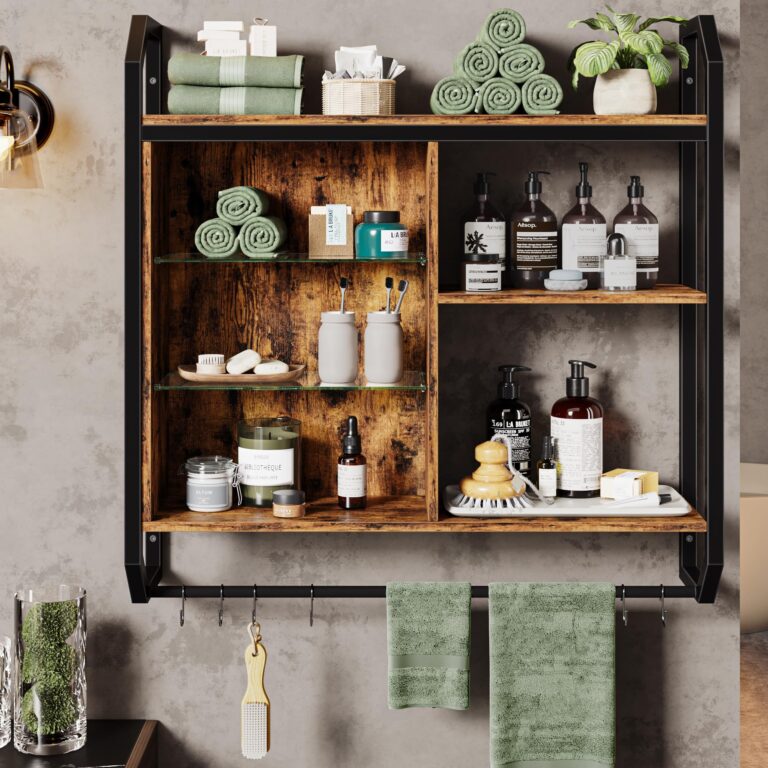 Bestier LED Kitchen Floating Shelves, 34" Industrial Pipe Shelves with Adjustable Glass Shelves, Wall Mounted Shelf with 6 S-Hook Towel Bar, Wine Coffee Bar Rack for Room Decor Rustic Brown - Image 4