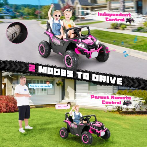 Evmore 4WD Kids Ride on Car, 24V Electric Off-Road UTV Truck, 20" Spacious 2 Seat, 7Ah Large Battery Electric Car with Remote Control, Safety Belt, Horn, Music, and Lights for Kids Aged 3-8 Years Pink - Image 4