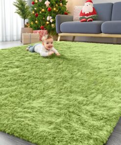 OLANLY 9x12 Machine Washable Large Area Rugs for Living Room, Bedroom, Soft Fluffy Shaggy Bedside Rug, Indoor Floor Carpet for Kids Girls and Boys, Dorms, Nursery, Home Decor Aesthetic, Grass Green