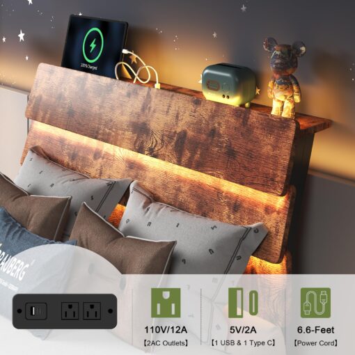 Feonase Twin Floating Bed Frame with Led Lights and Charging Station, Wood Twin Size Bed Frame with Storage Headboard, Heavy Duty Metal Slats, No Box Spring Needed, Easy Assembly, Vintage Brown - Image 6