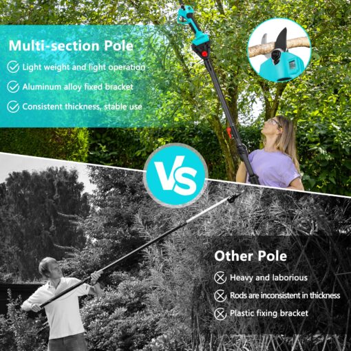 21V 2-in-1 Cordless Pole Pruning Shears, 1.6" Cutting Diameter Electric Pruning Shears with 9 ft Extension Pole, Tree Pruner with 2pcs 2.0Ah Rechargeable Lithium Battery, LCD Display Screen SK7 Blades - Image 4