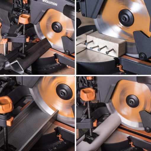 Evolution Power Tools R255SMS+ PLUS 10-Inch Sliding Miter Saw Plus Multi-Material Multi-Purpose Cutting Cuts Metal, Plastic, Wood & More 0˚ - 45˚ Bevel & 50˚ - 50˚ Miter Angles TCT Blade Included - Image 3