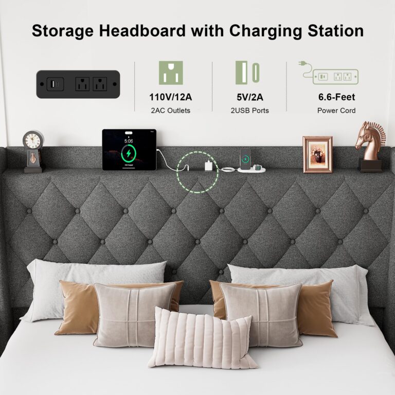 Feonase Full Size Lift Up Storage Bed Frame with Charging Station, Button Tufted Headboard Platform Bed Frame with Hydraulic Storage, Wooden Slat Support, No Box Spring Needed, Noise-Free, Dark Gray - Image 5