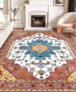 SERISSA Boho 8x10 Area Rugs Orange, Washable Vintage Large Living Room Rug Non-Slip, Ultra Soft Oriental Print Distressed Farmhouse Carpet for Dining Room Bedroom Dorm Office Home Decor