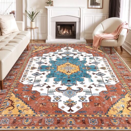 SERISSA Boho 8x10 Area Rugs Orange, Washable Vintage Large Living Room Rug Non-Slip, Ultra Soft Oriental Print Distressed Farmhouse Carpet for Dining Room Bedroom Dorm Office Home Decor