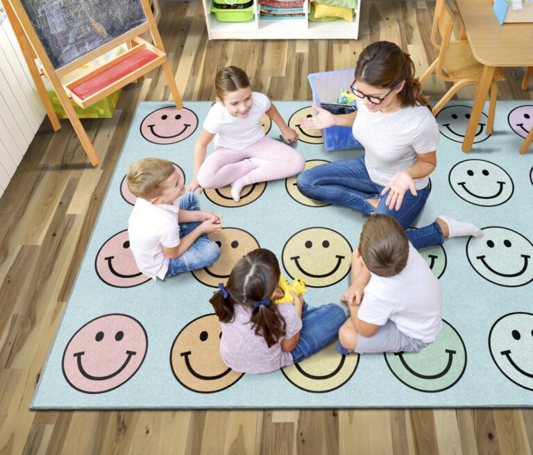 Flagship Carpets Schoolgirl Style Pastel Rainbow Smileys Criss-Cross Applesauce Educational Area Rug for Kids Room, Children's Classroom for Teaching and Playroom, 7'6" x 12', Multi, Seats 28 - Image 3