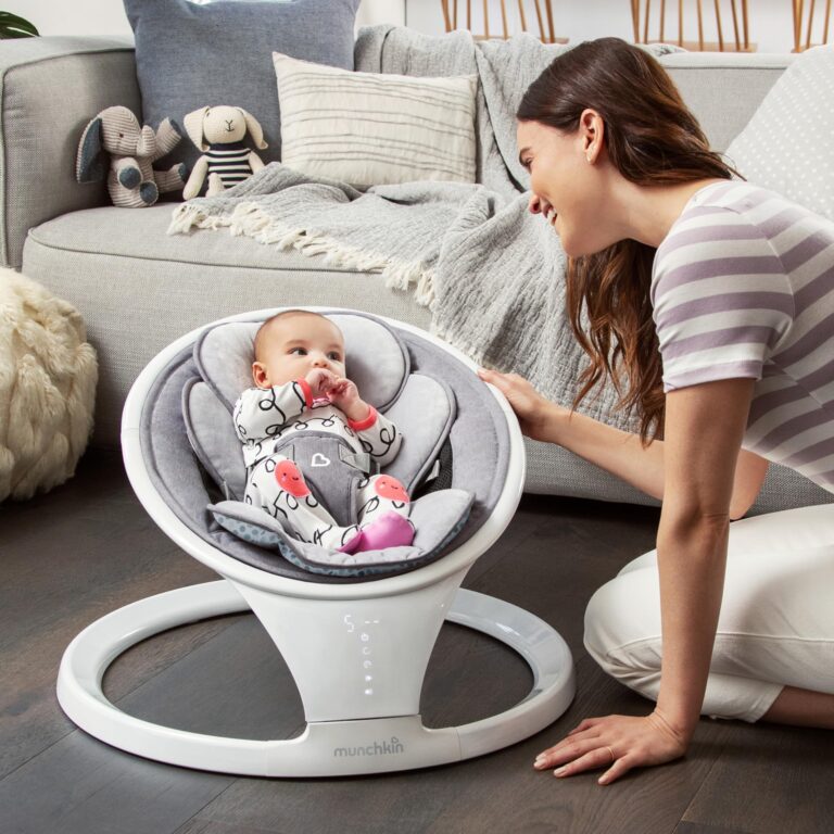 Munchkin Baby Swing, Portable and Lightweight, Bluetooth Enabled Electric Infant Rocker with Natural Sway in 5 Ranges of Motion, Newborn Nursery Essentials, White/Grey - Image 9