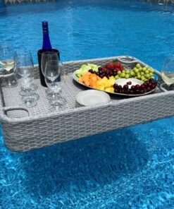 Sunjoy Wicker Floating Tray 36x24 in. Aluminum Frame Pool Tray - Swimming Floating Serving Tray for Drinks, Snacks, and Essentials - Fits Most Pool Sizes - Perfect for Pool Parties and Relaxing, Grey