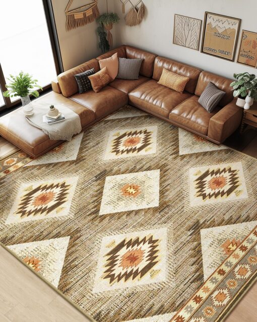 Area Rug 8x10 Rug Machine Washable Non-Slip Low Pile Print Pattern Western Rug for Living Room Bedroom Entryway-Cream/Camel