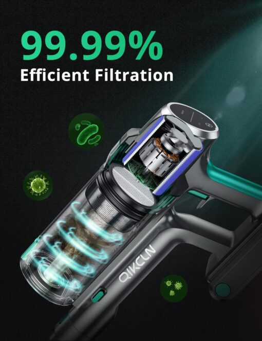 QikCln Cordless Vacuum Cleaner - 250W 30Kpa Powerful Stick Vacuum, 90000 RMP Motor, LED Display, Three Modes, 40 Mins Runtime Rechargeable Handheld Vacuum for Pet Hair Hardwood Carpet - Green - Image 3