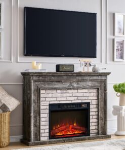 Aitjunz 45" Flip Top Electric Fireplace with Mantel, Electric Fireplace Heater, TV Stand with Freestanding Electric Fireplaces, Remote Control, Adjustable Flame Level for Living Room (Light Grey)