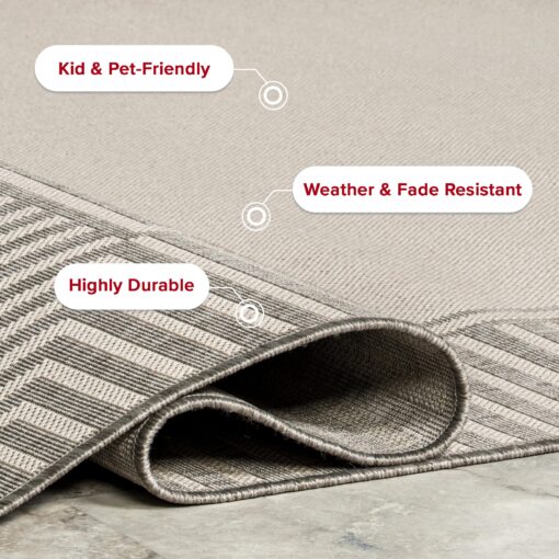 nuLOOM 9' x 12' Outdoor Area Rug, Casual Design with Striped Border, Stain Resistant, Highly Durable, for Patio, Balcony, Bedroom, Living Room, Dining Room, Bathroom, Light Grey - Image 7