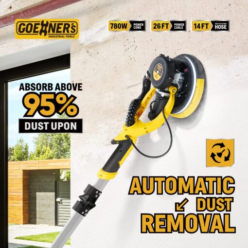 Drywall Sander, Electric Drywall Sander with Vacuum, 6 Variable Speed, 900-1800RPM, Labor-Saving Handle and Patented Fixture for Ceiling Sanding, LED Light, 14ft Dust Hose,26ft Power Cable,Storage Bag - Image 4