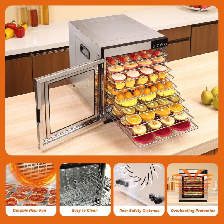 Large Food Dehydrator for Jerky - 10 Stainless Steel Trays, Digital Adjustable Timer, 800W, 176°F, Temperature Control for Jerky, Herb, Fruit and Pet Treats, Model 1015YJ, 2 Year Warranty, Silver - Image 7