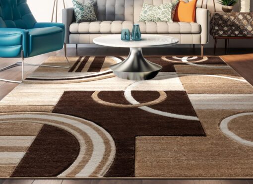 Well Woven Echo Shapes & Circles Ivory/Beige Brown Modern Geometric Comfy Casual Hand Carved Area Rug (7'10inx9'10in) Easy Clean Stain Resistant Abstract Contemporary Thick Soft Plush Living Room