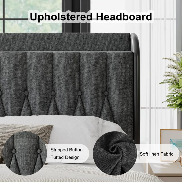 Feonase Linen Queen Bed Frame with Fast Charging Station,Queen Metal Platform Beds with Upholstered Headboard & Footboard,12" Underbed Storage Space,Easy Assembly,Noise-Free,Black Gray - Image 4