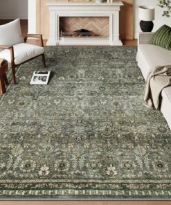 Lahome Large Dark Olive Green Area Rugs, Washable Area Rugs 9x12 Living Room, Boho Bedroom Rug Under Bed, Soft Stain Resistant Non-Shedding Thin Carpet for Dining Room Apartment