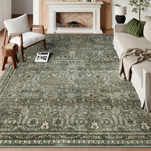 Lahome Large Dark Olive Green Area Rugs, Washable Area Rugs 9x12 Living Room, Boho Bedroom Rug Under Bed, Soft Stain Resistant Non-Shedding Thin Carpet for Dining Room Apartment