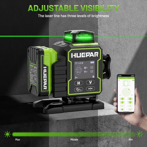 Huepar Laser Level 360 Self Leveling, W04CG Upgraded 4x360° Bluetooth Construction Lazer Leveler Tool with Electric Rotating Base ＆ Large LCD Screen, 4D 16 Lines Green Cross Laser Level - Image 6