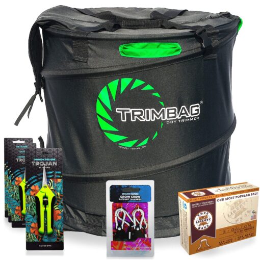 Trimbag Premium Complete Dry Trimming Kit Bundle with 4 Common Culture Trimming Scissors, 1 Pair of Grow Crew Ratchet Hangers, 10 Pack of Turkey Bags and Accessories (7 Items)