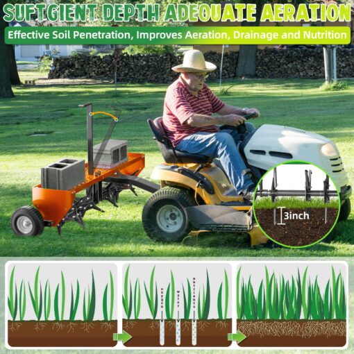 PPOLB 48" Tow Behind Lawn Plug Aerator with Universal Hich, Orange Painted Galvanized Steel with Tray and Inflatable Wheels for Garden, Farm and Lawn Plug Aerators - Image 5