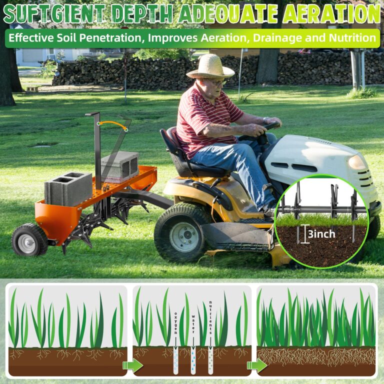 PPOLB 48" Tow Behind Lawn Plug Aerator with Universal Hich, Orange Painted Galvanized Steel with Tray and Inflatable Wheels for Garden, Farm and Lawn Plug Aerators - Image 5