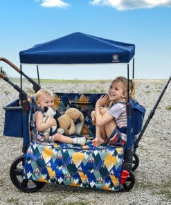 EVER ADVANCED Side-Unzip Wagon Stroller for 2 Kids, Push Pull Stroller with Adjustable Handle, Easy Access Zipper Door, 5-Point Harness, UV-Protection Canopy Shock-Absorbing Wheels, Fox Printing
