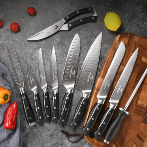 18 Pieces Damascus Kitchen Knife Set, 8 Piece Steak Knives, Non-slip ABS Ergonomic Triple Rivet Handle for Meat Fork, Knife Sharpener and Shears, 17 Slots Fraxinus Manchuria Knife Block (Grey) - Image 6