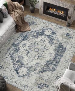 jinchan Area Rug 8x10 Washable Living Room Rug Vintage Soft Indoor Large Floor Cover Retro Distressed Mat Accent Lightweight Non-Slip Thin Carpet for Kitchen Bathroom Bedroom Grey