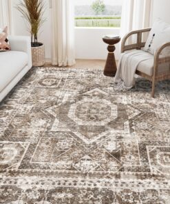 EASERUG Machine Washable Rug 9' x 12' Vintage Design Area Rugs with Non Slip Rugs for Living Room Bedroom Carpet Stain Resistant, Home Decor Office Boho Rug, Ivory