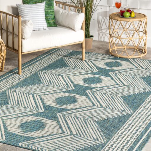 nuLOOM 8' x 10' Outdoor Tribal Geometric Area Rug, Stain Resistant, Weather Resistant, High Traffic, Patio, Balcony, Outside, Ranya Teal - Image 3