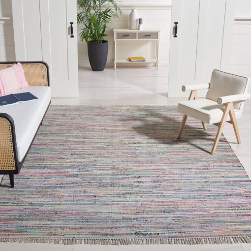 SAFAVIEH Rag Rug Collection Area Rug - 9' x 12', Grey & Multi, Handmade Boho Stripe Cotton, Ideal for High Traffic Areas in Living Room, Bedroom (RAR121M)
