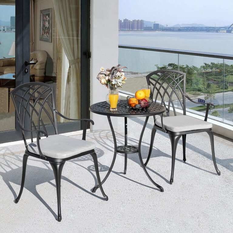 NUU GARDEN Bistro Set 3 Piece Outdoor Cast Aluminum Patio Bistro Set Patio Table and Chairs Set of 2 with Umbrella Hole and Gray Cushions, Black - Image 7