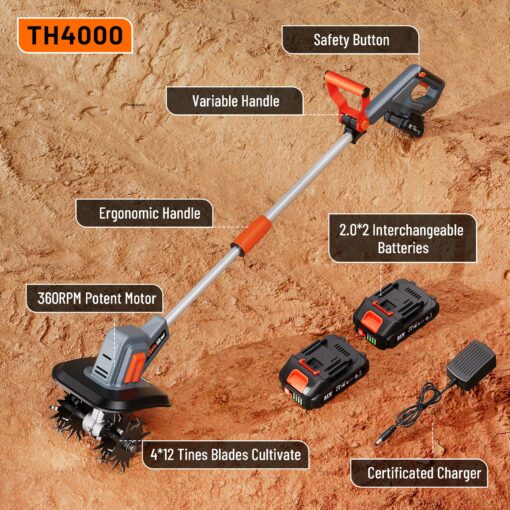 Cordless Tiller for Gardening 360 RPM Rototiller TH4000 Cultivator TaskStar Electric Garden Tiller Battery Powered Total 4000mAh,48 Heavy-Duty Steel Tines for Smooth Ground Breaking,Tending,Composting - Image 3